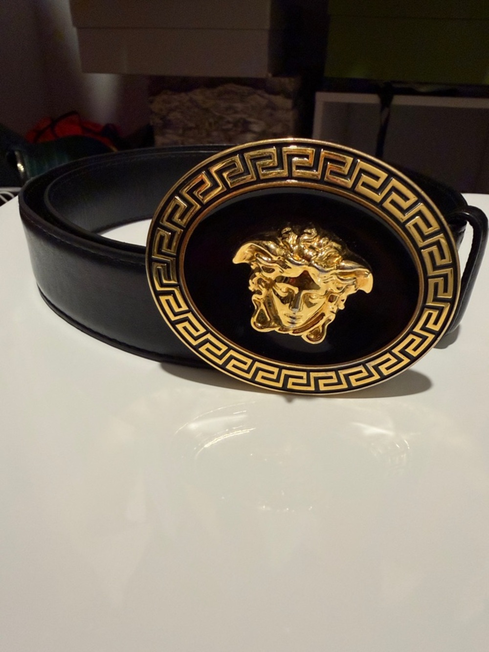 Versace Black Leather Belt with Gold Medusa Round Buckle